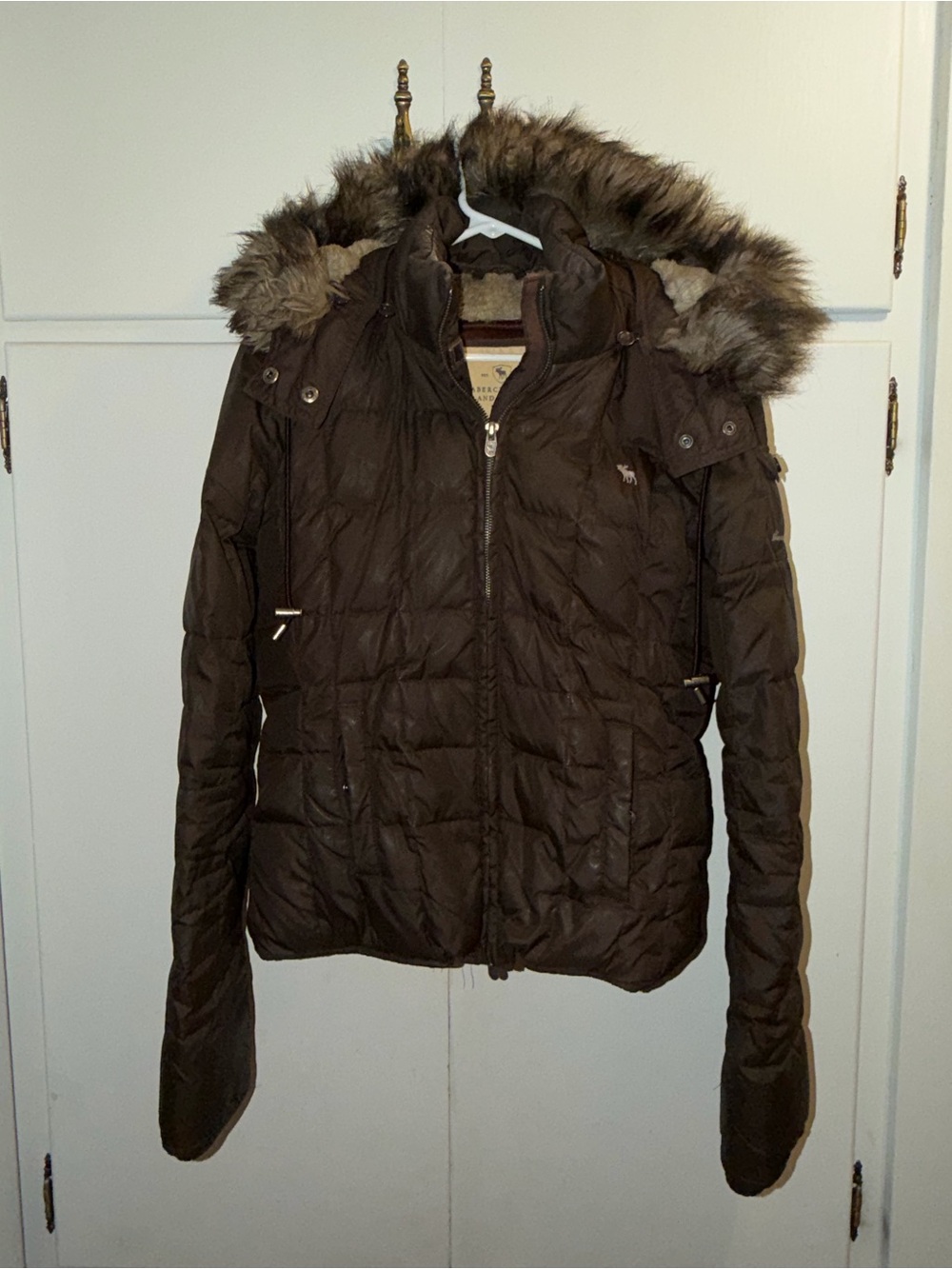 Abercrombie & Fitch Vintage Womens Brown Fur Hooded Down Puffer Jacket Y2K - Picture 12 of 15